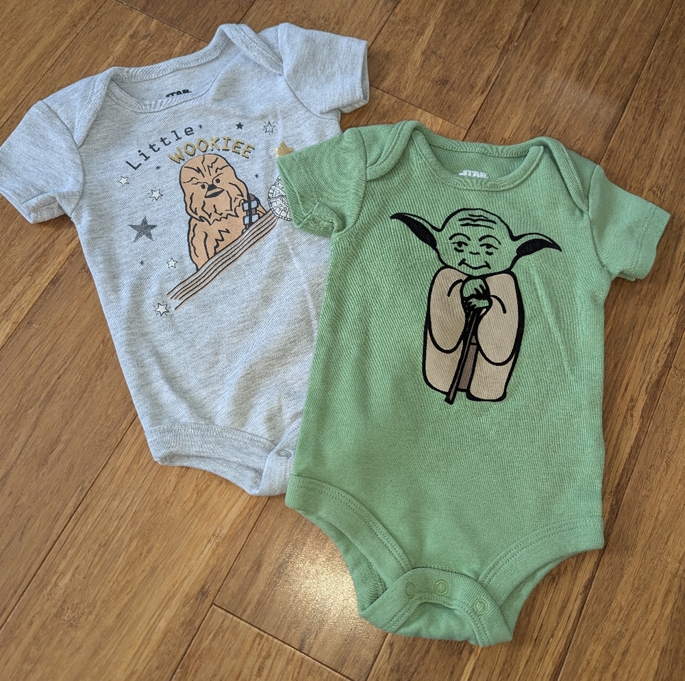 Star Wars Green Yoda and Gray Wookiee Bodysuits, 3 Months, EUC